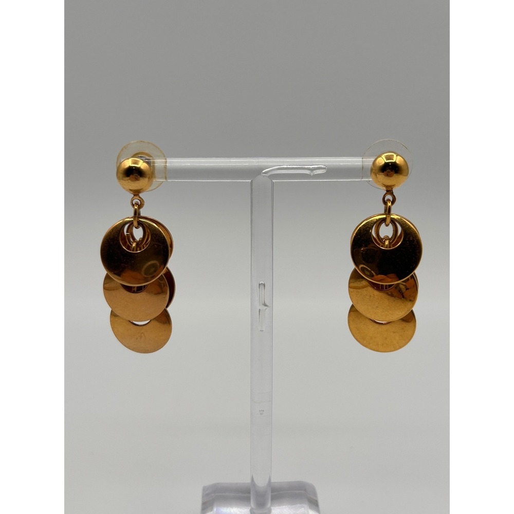 Vintage Gold Tone Tiered Disc Dangle Earrings Polished Geometric Cluster Drop